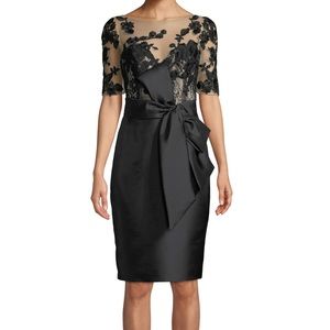 BadgleyMischka Bateau-Neck Elbow-Sleeve Embroidered Tulle Illusion Dress w/ Bow